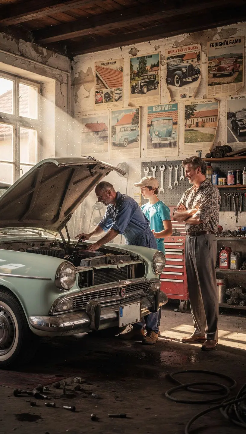 Interiér autoservisu s technikmi pracujúcimi na rôznych typoch vozidiel.